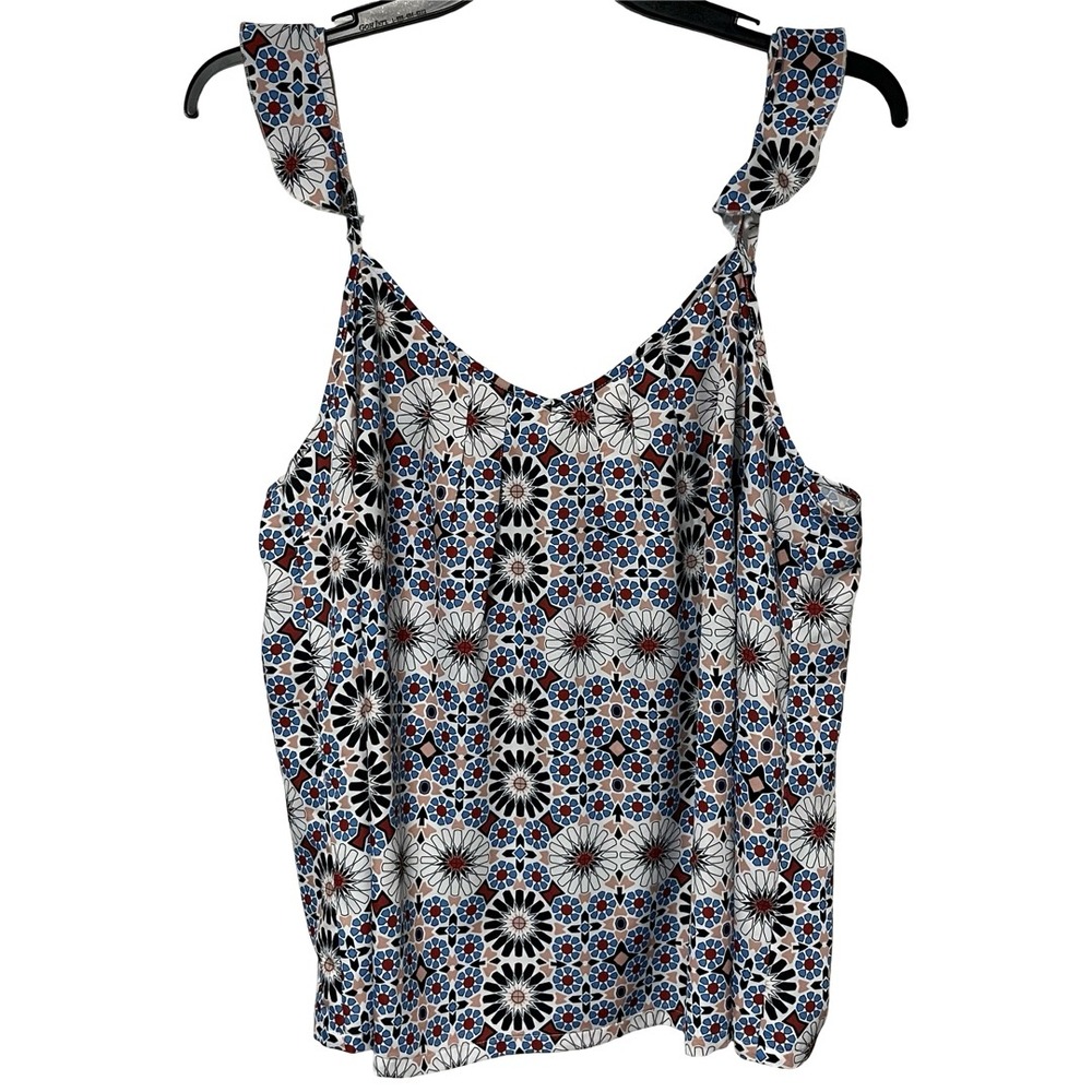 ModCloth Geometric Mosaic Camisole‎ Top Ruffle Strap Blue Red 1X